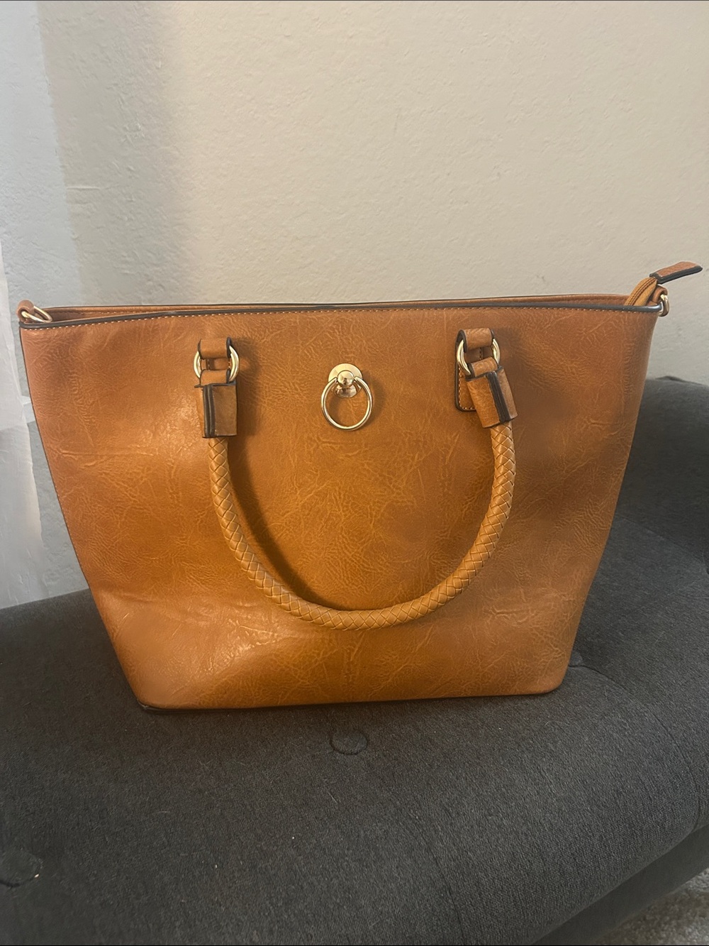 Tan Tote Handbag with Braided Handles